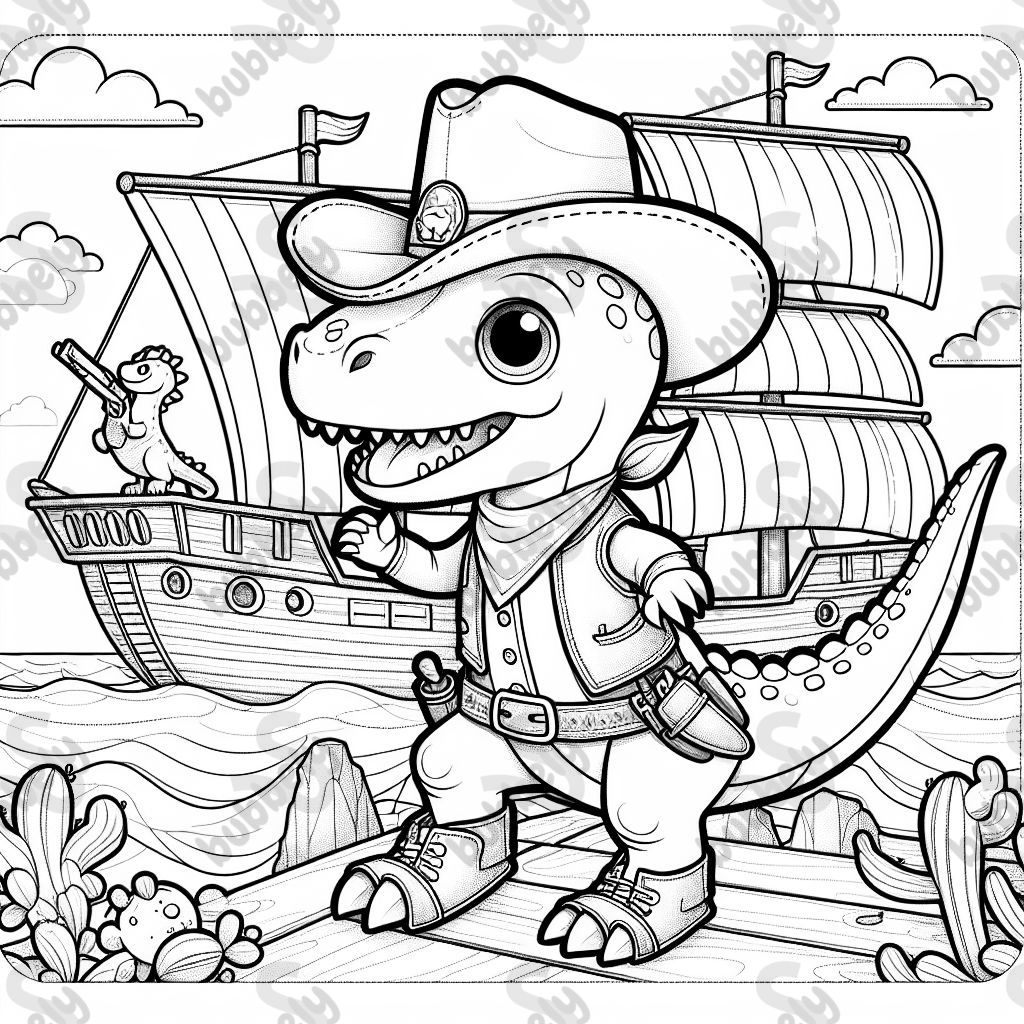 Ein Dino in einem Cowboy Anzug auf einem Schiff