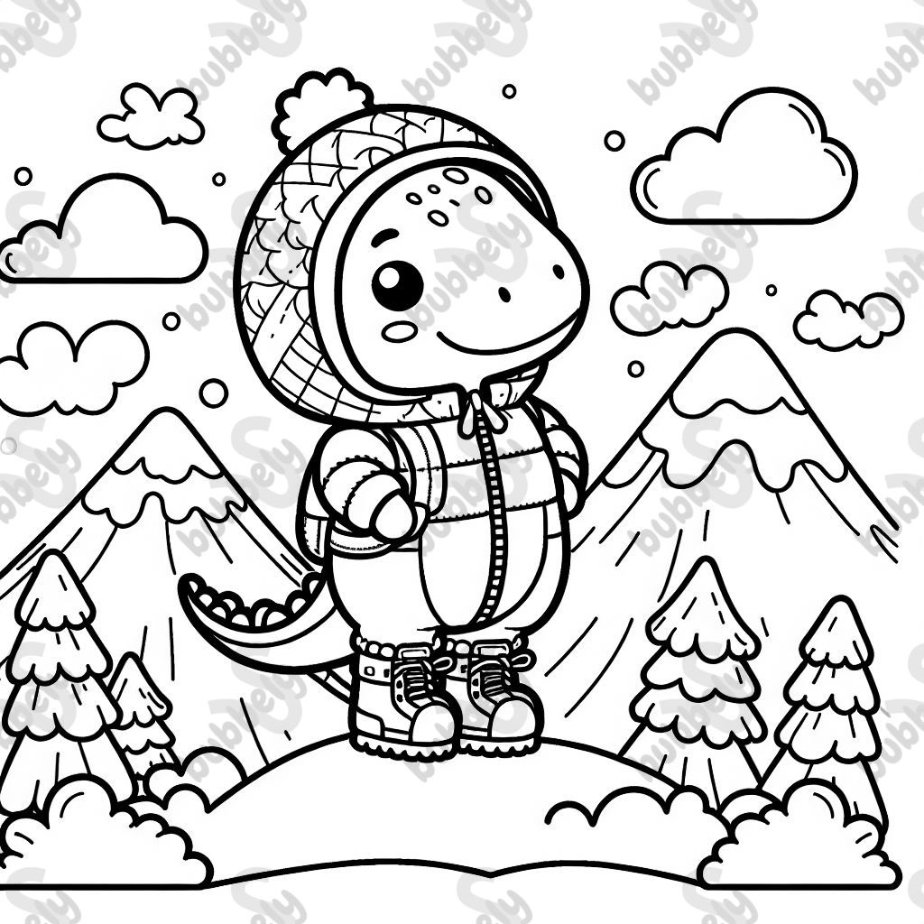 Ein Dino in einem Schneeanzug auf einem Berg.