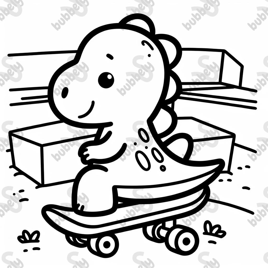 Ein Dino auf einem Skateboard in einem Skatepark