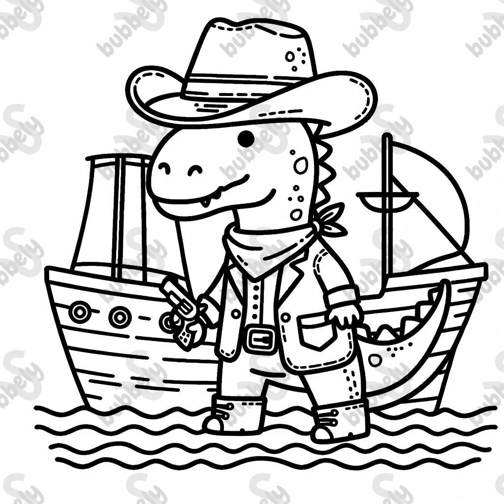 Ein Dino in einem Cowboy Anzug auf einem Schiff