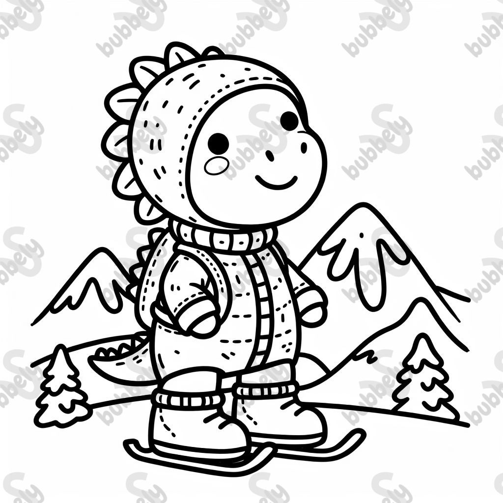 Ein Dino in einem Schneeanzug auf einem Berg