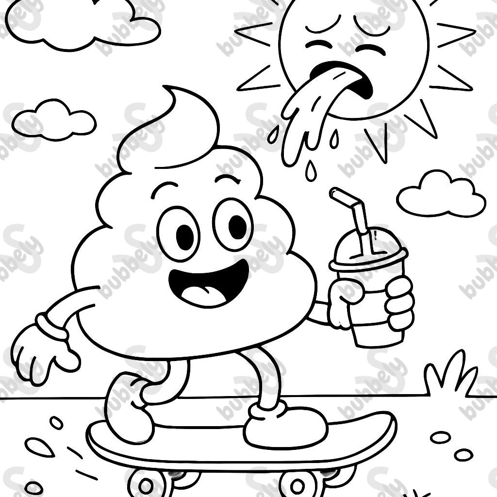 a pee poop sausage on a skateboard with a shake in hand. there is also a vomiting sun.