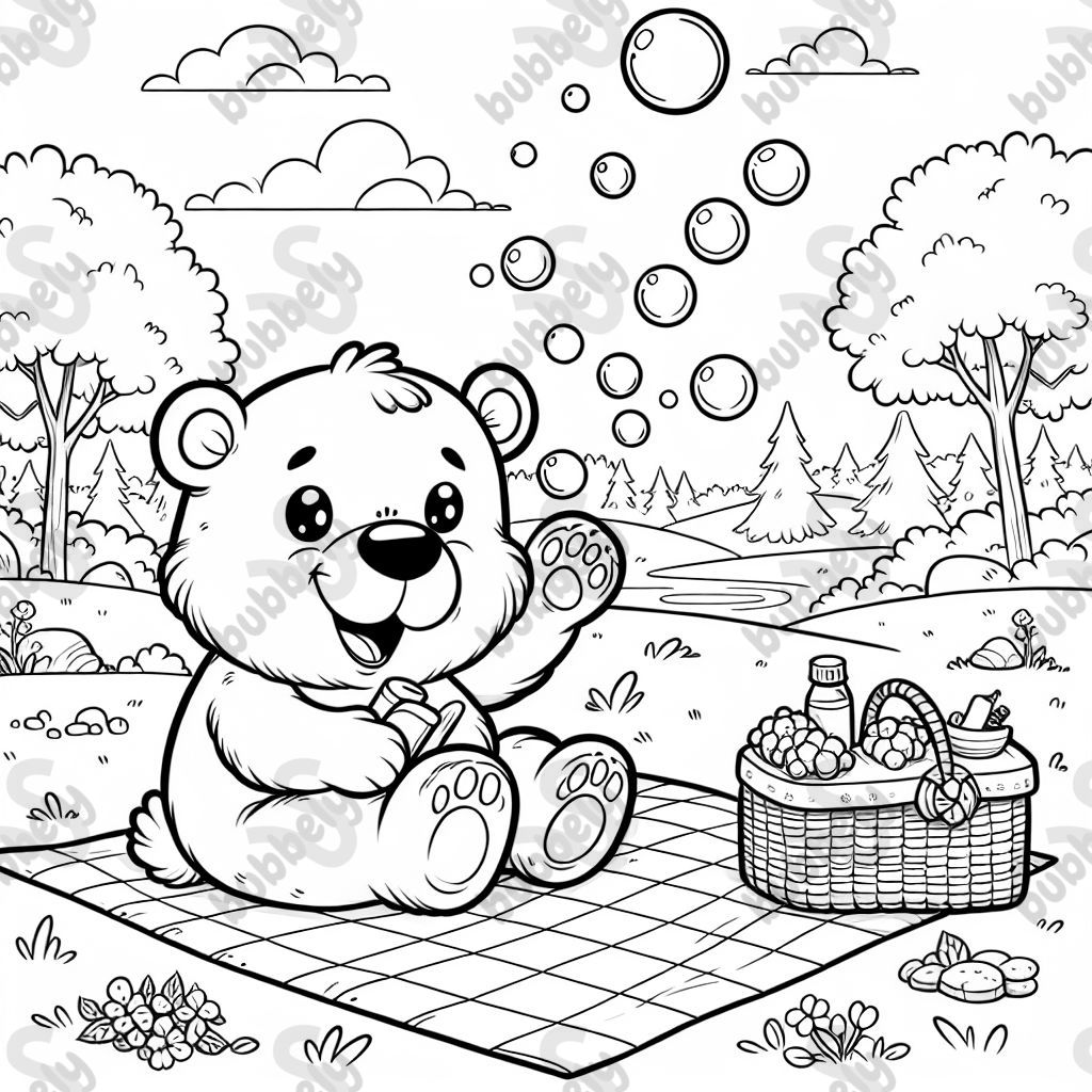 a bear sitting on a picnic blanket with bubbles in the air