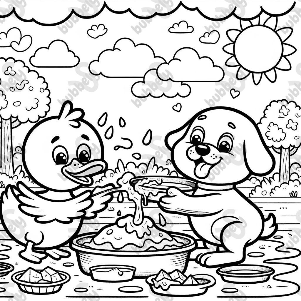 a duck and dog making mud pies with dishes 