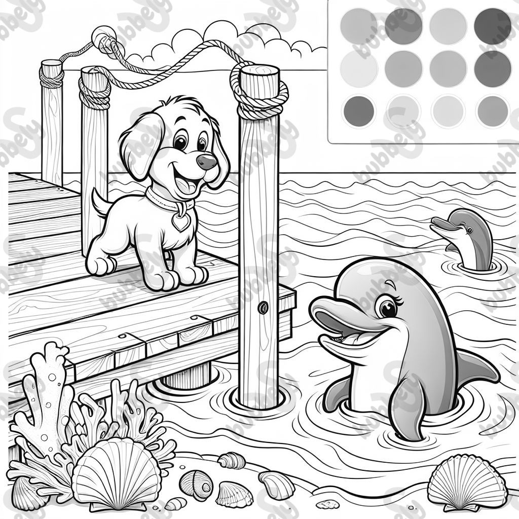 a dog on a dock talking with a dolphin in the water