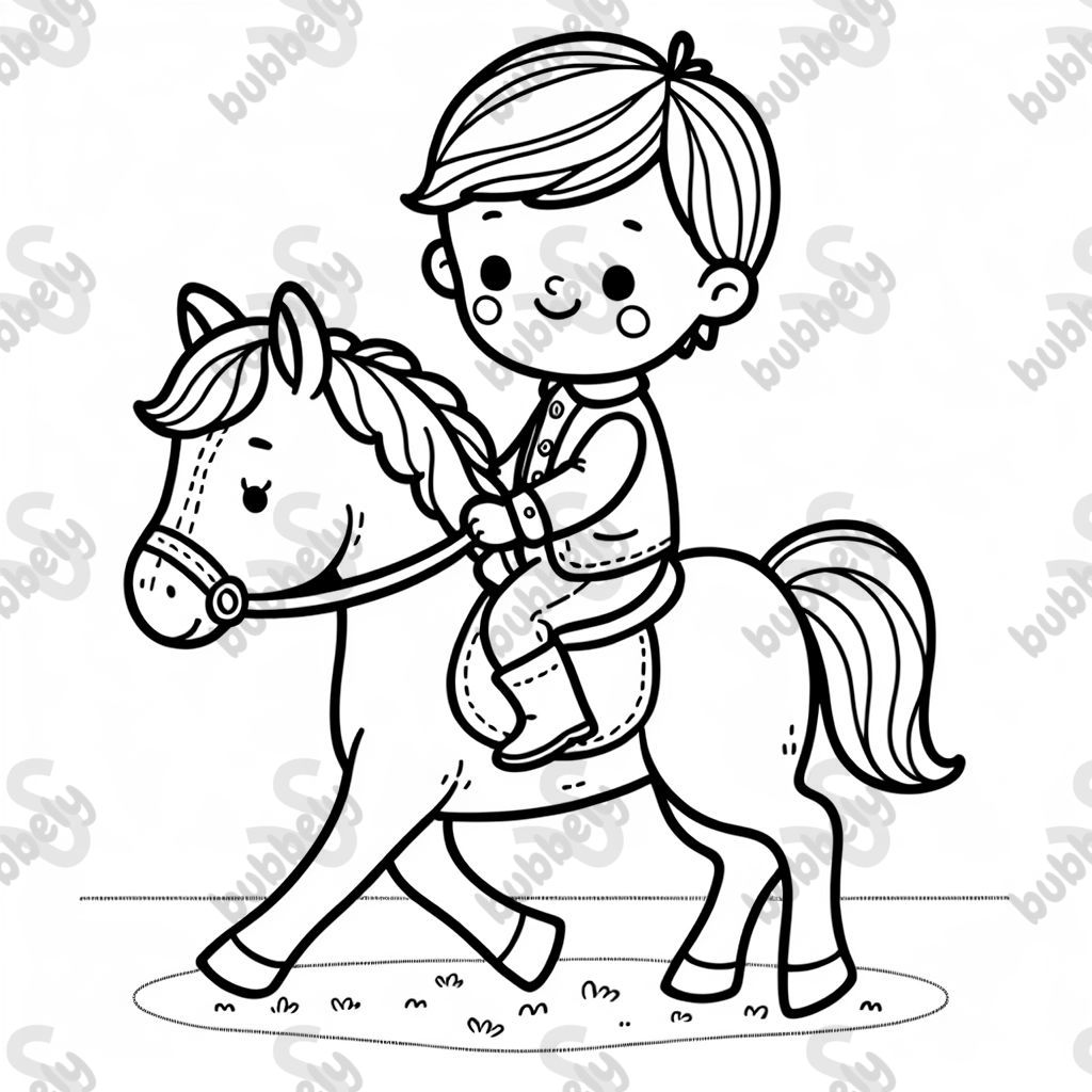 Einen kleinen Jungen der auf einem Pferd reitet 