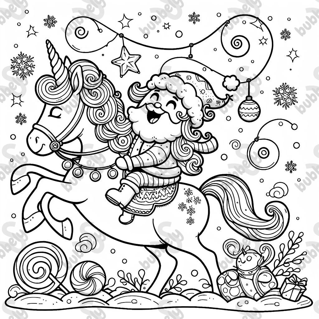 Einen Weihnachtsmann der auf einem Einhorn reitet 