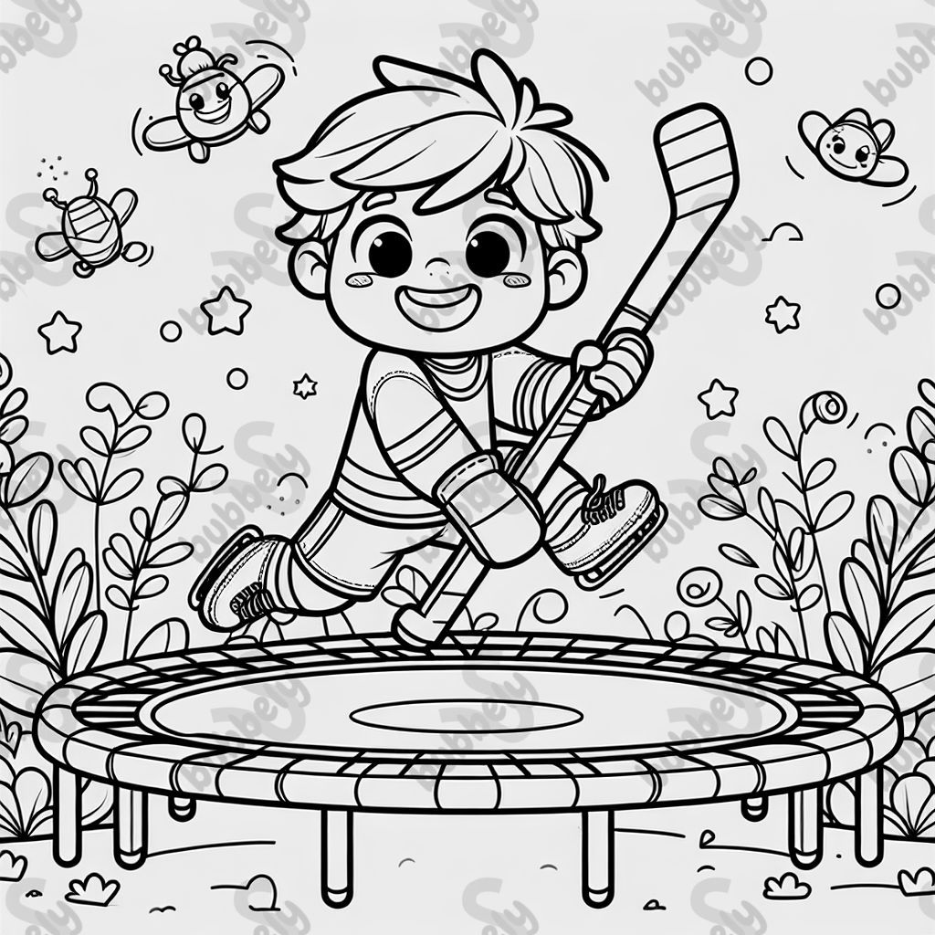 Child hockey player on trampoline Child hockey player on trampoline