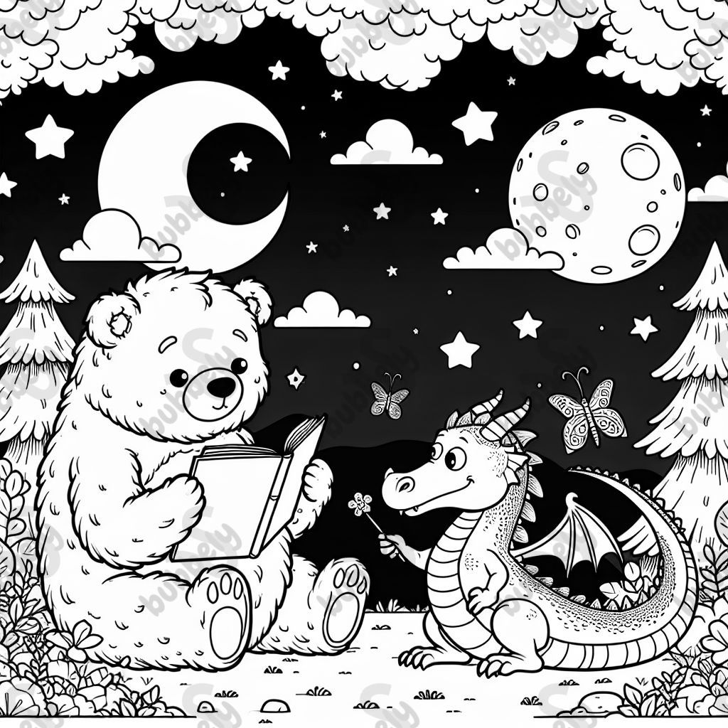 A bear and a dragon on a moonlit night