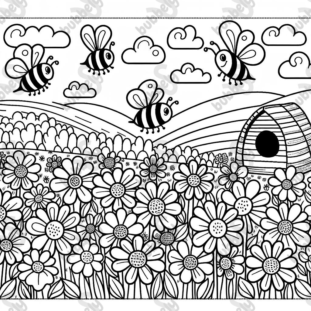 Bees flying back to the beehive in a field of flowers