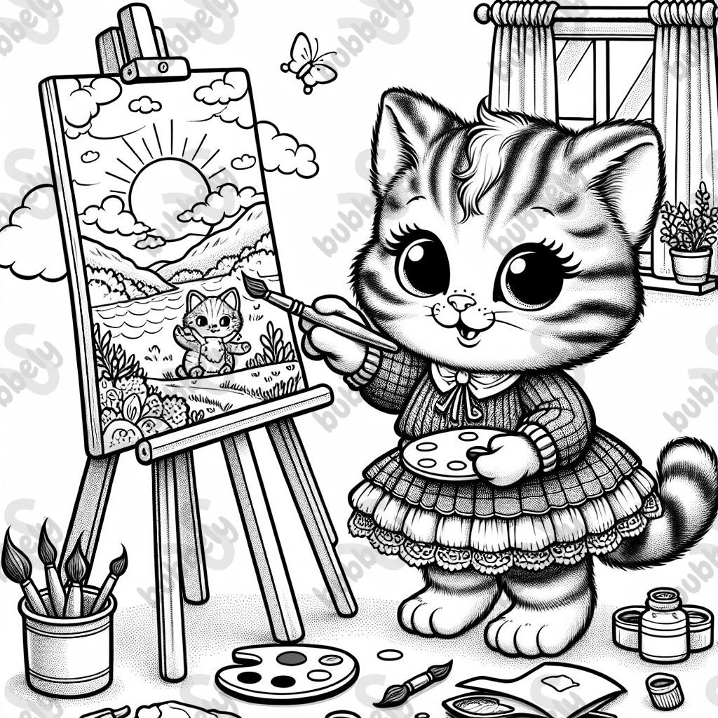 a kitten wearing a dress painting a picture