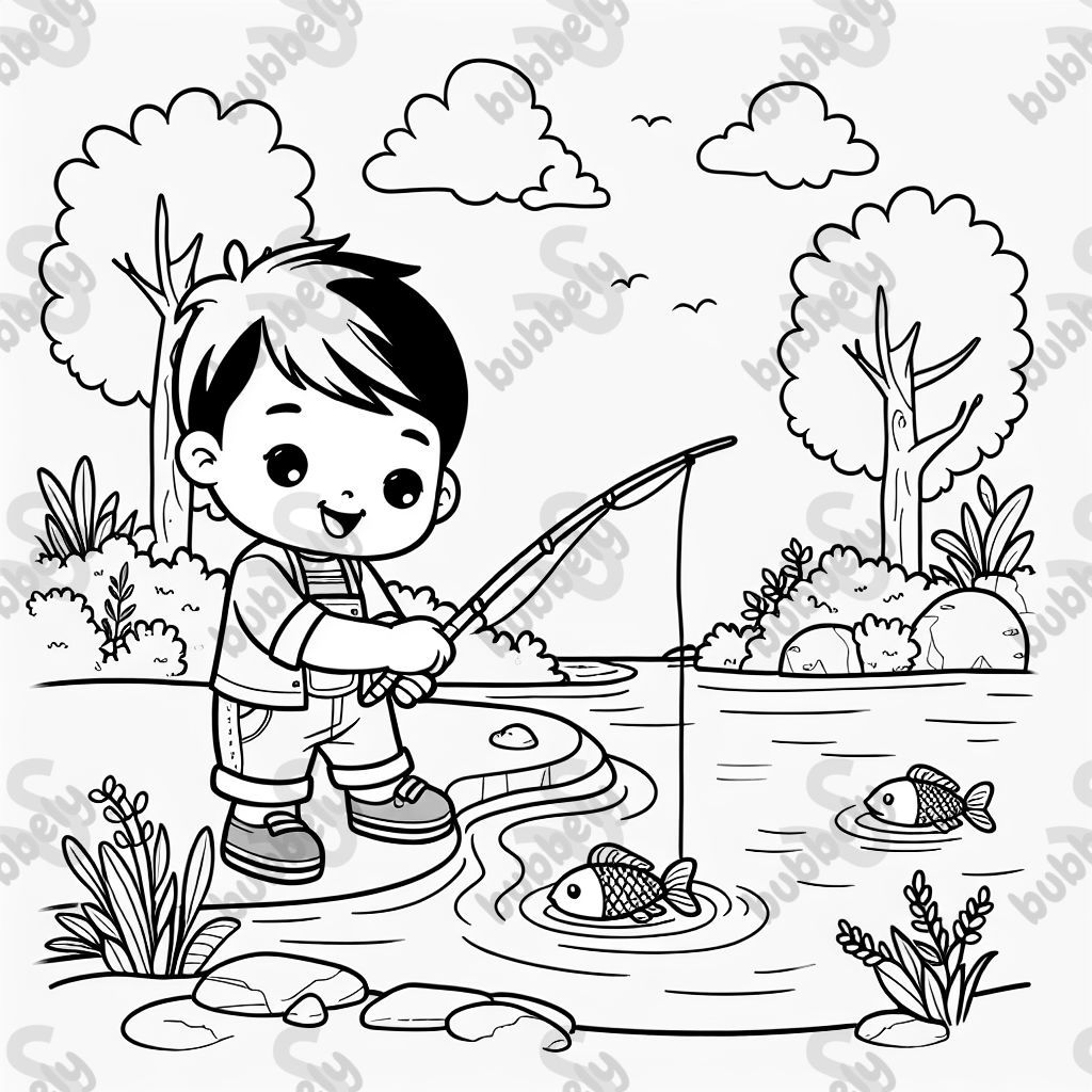 A toddler boy catching fish by a pond
