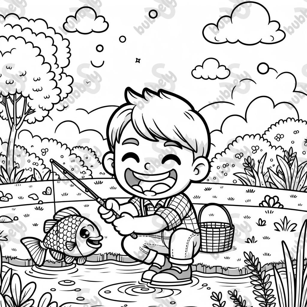 A boy catching a fish by a pond