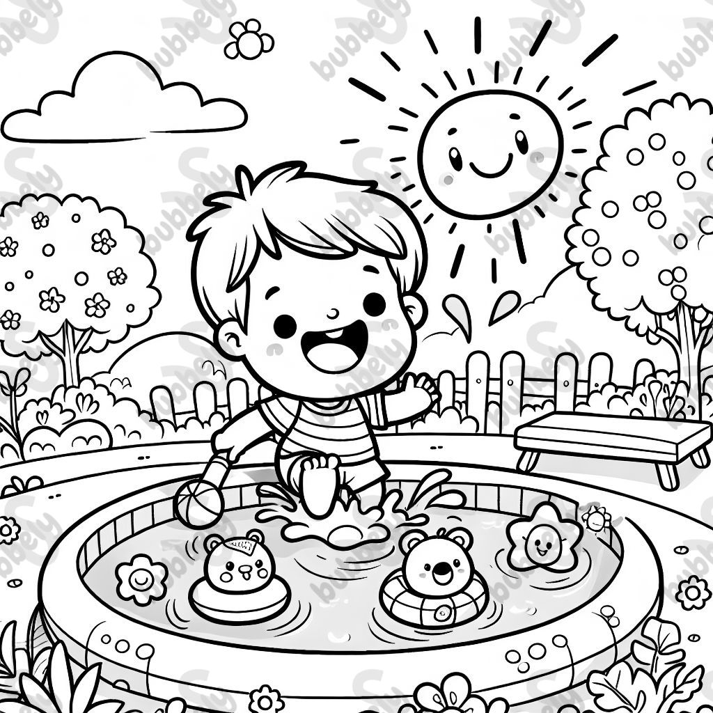 Toddler boy splashing in a pool with toys