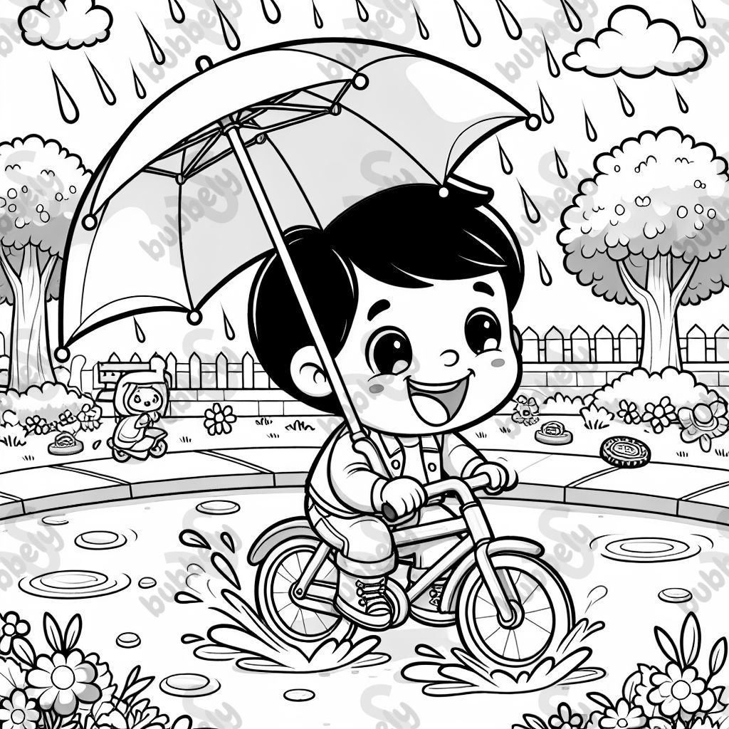 A toddler boy riding his bike in the rain