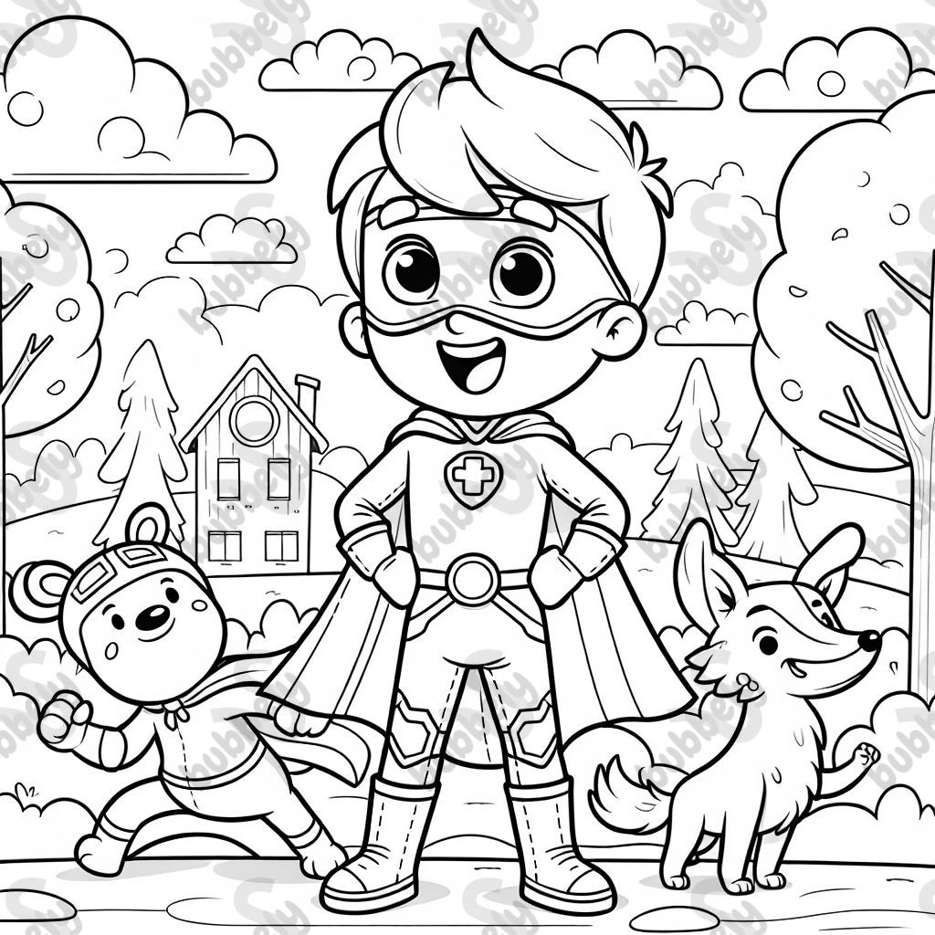 brace super hero blonde boy and side kick animal friends