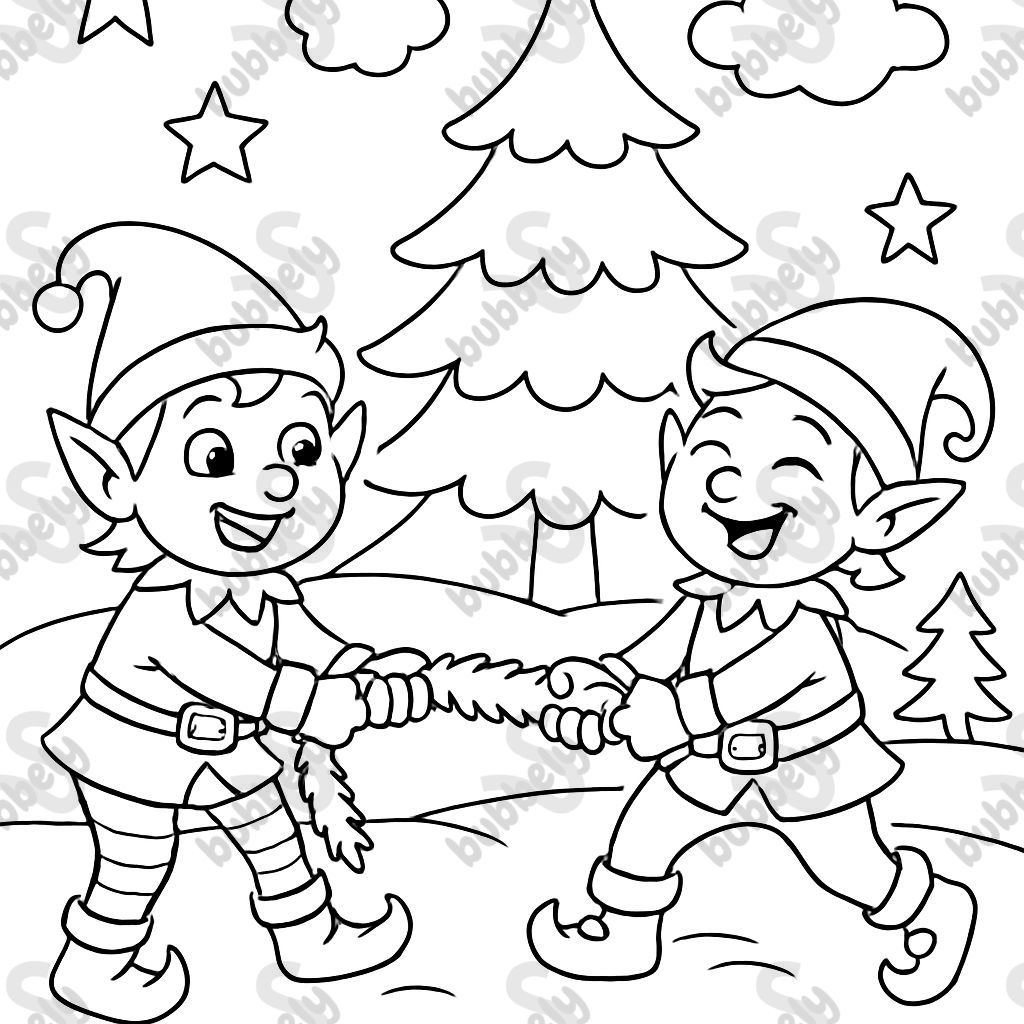 elves playing tug of war with tinsel elves playing tug of war with tinsel