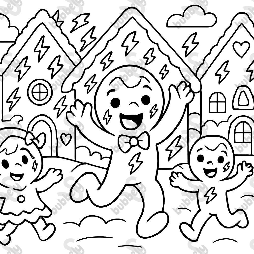 village of gingerbread houses with lightening bolt decorations