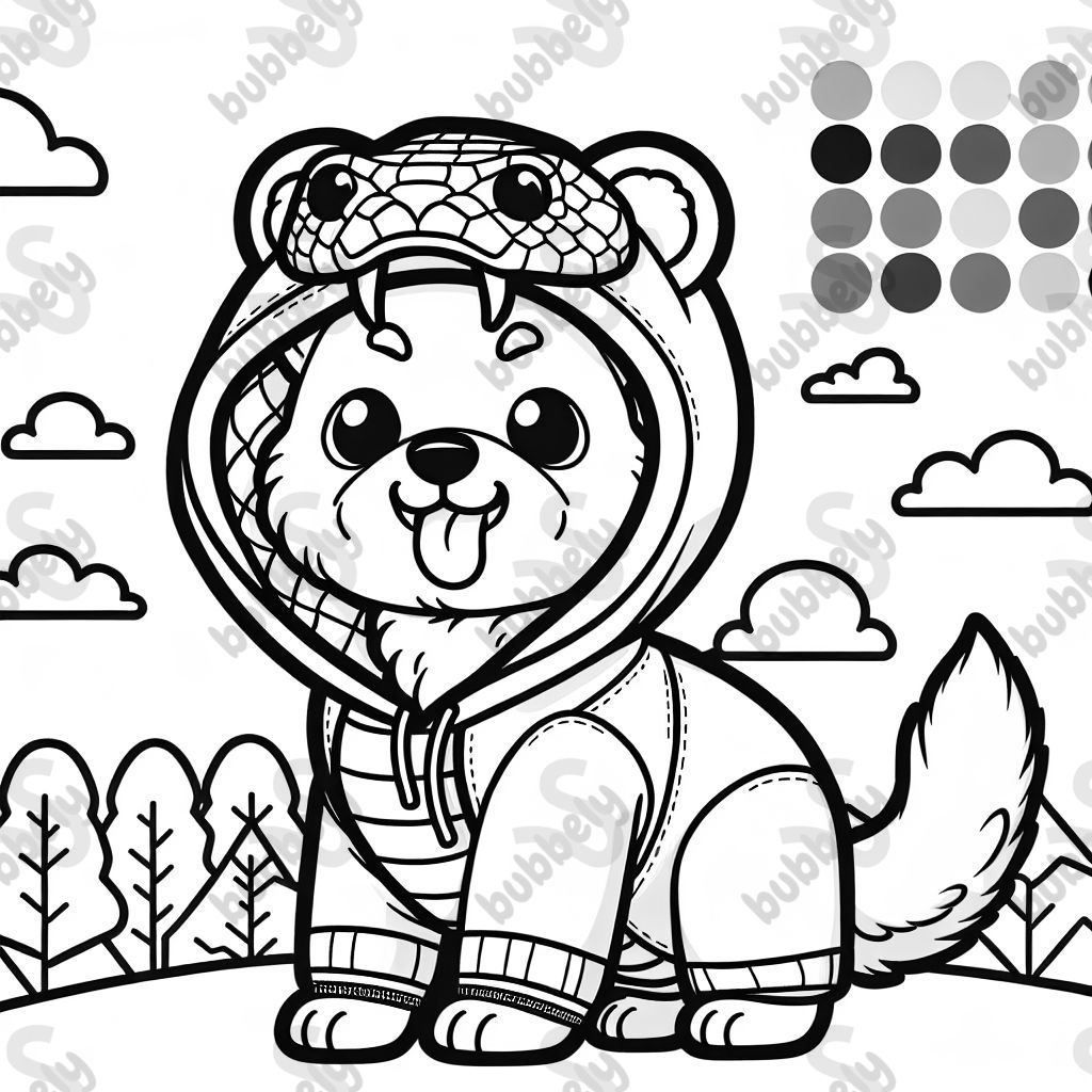 A karelian bear dog wearing a snake hoodie