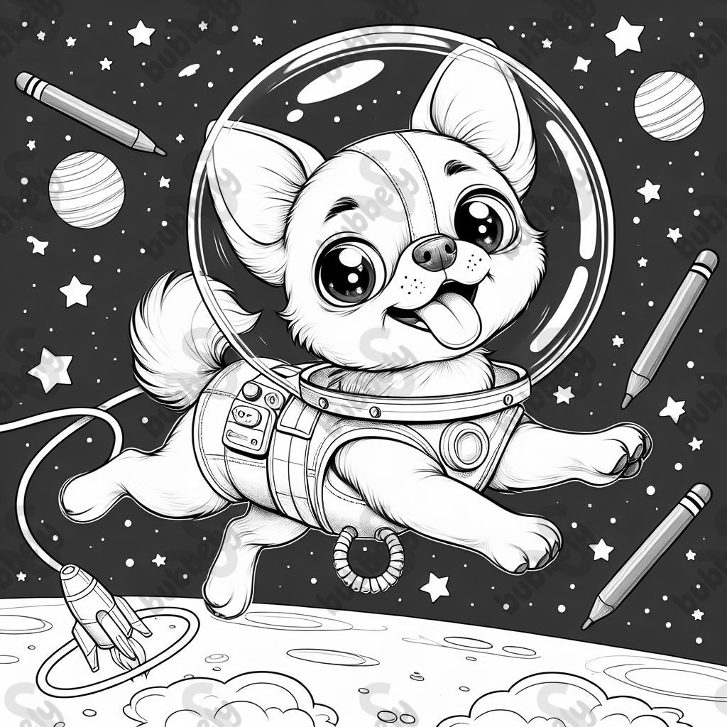 	Chihuahua astronaut floating in space with a space helmet.