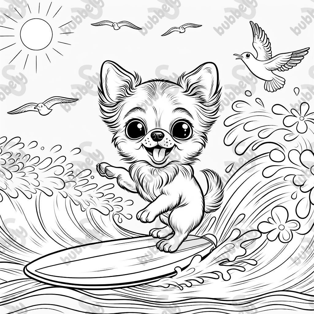 		Chihuahua surfer riding a wave on a mini surfboard.