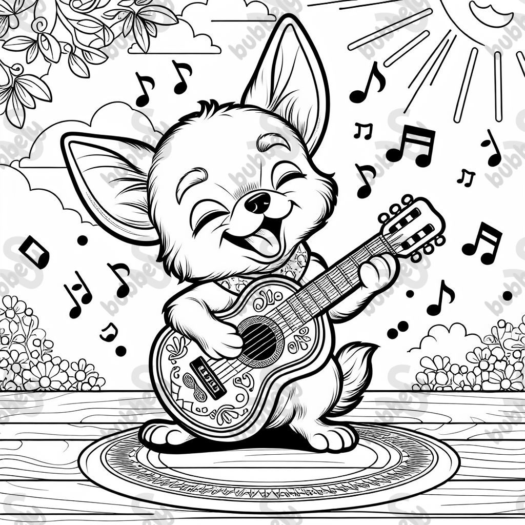 Chihuahua as a rock star, strumming a miniature guitar.