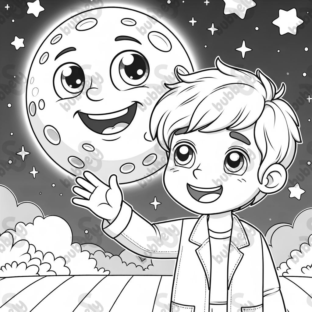Little white boy waving to a smiling full moon