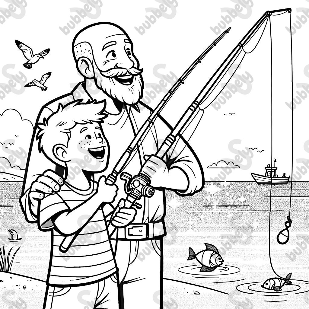 little white boy fishing with his white bald bearded dad at the beach