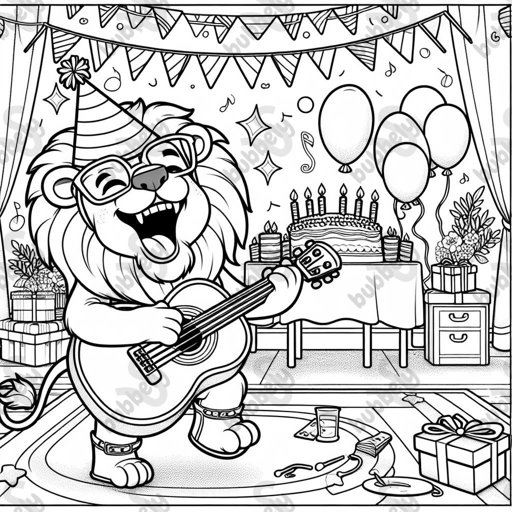 Lion playing guitar at a birthday party 