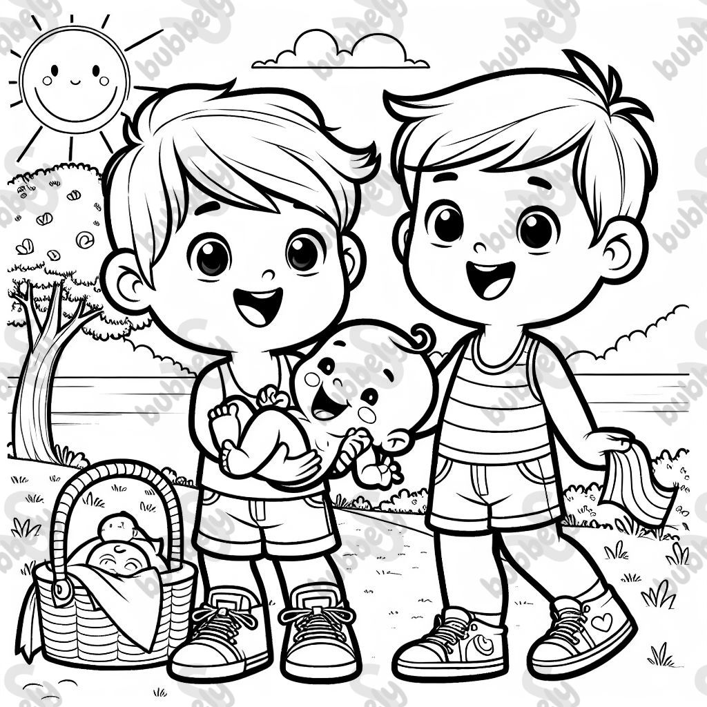 Two boy kids holding a baby.