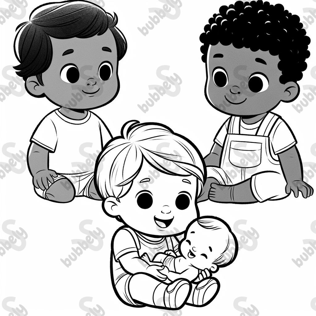 A toddler boy and a child boy holding a baby.