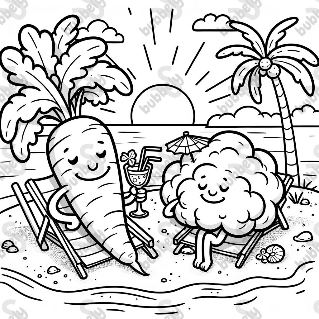 a carrot and a calliflower relaxing on a tropical beach with a cocktail in their hand