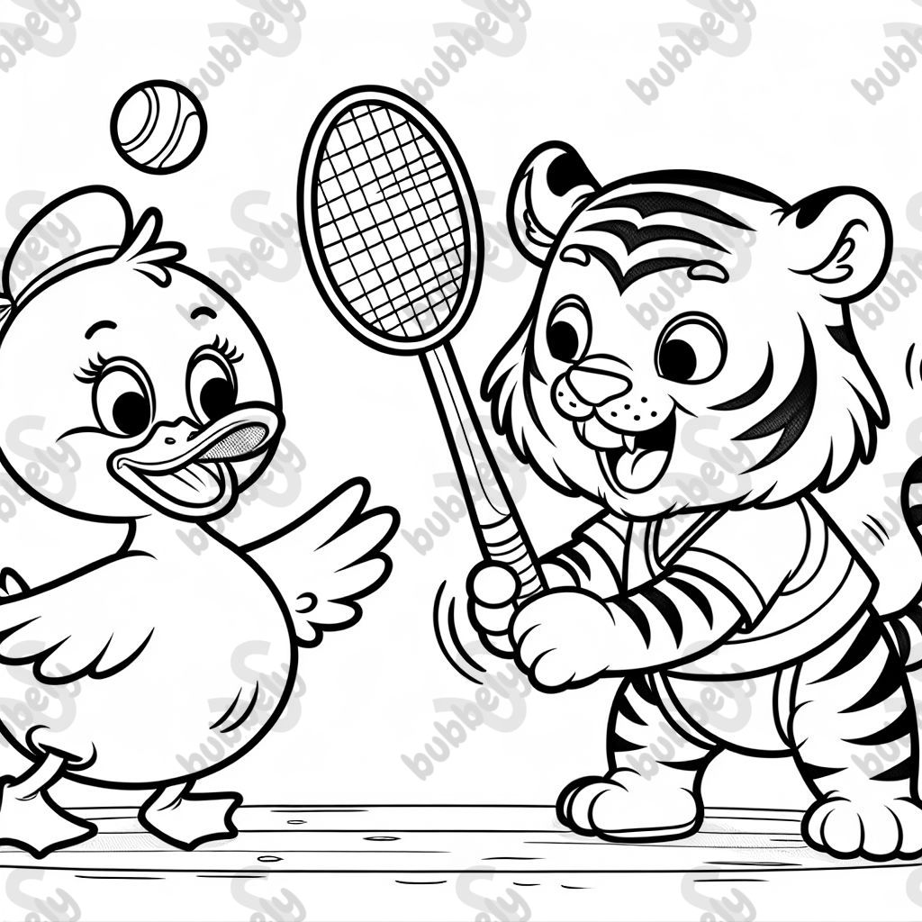 a duck playing badminton with a tiger