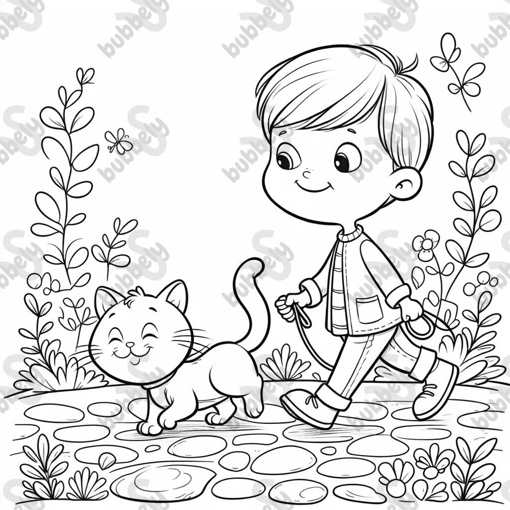 Child walking a cat on a leash