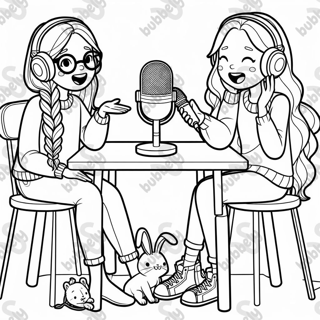 Two best friends, one with a braid and one with long blonde hair and glasses recording a podcast. A bunny and a dog at their feet.