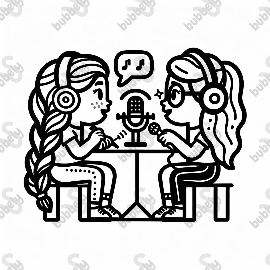 Two best friends, one with a braid and one with long blonde hair and glasses recording a podcast. Two best friends, one with a braid and one with long blonde hair and glasses recording a podcast.