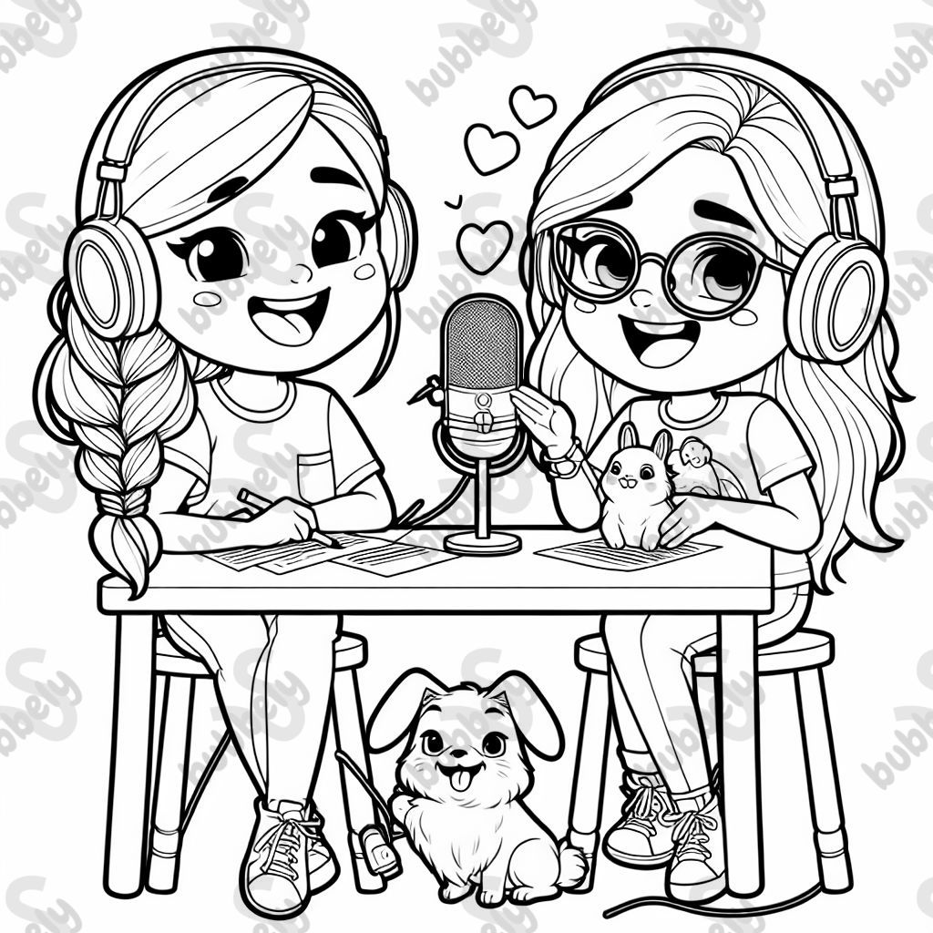 Two best friends, one with a braid and one with long blonde hair and glasses recording a podcast. They are sat with a bunny and a dog.