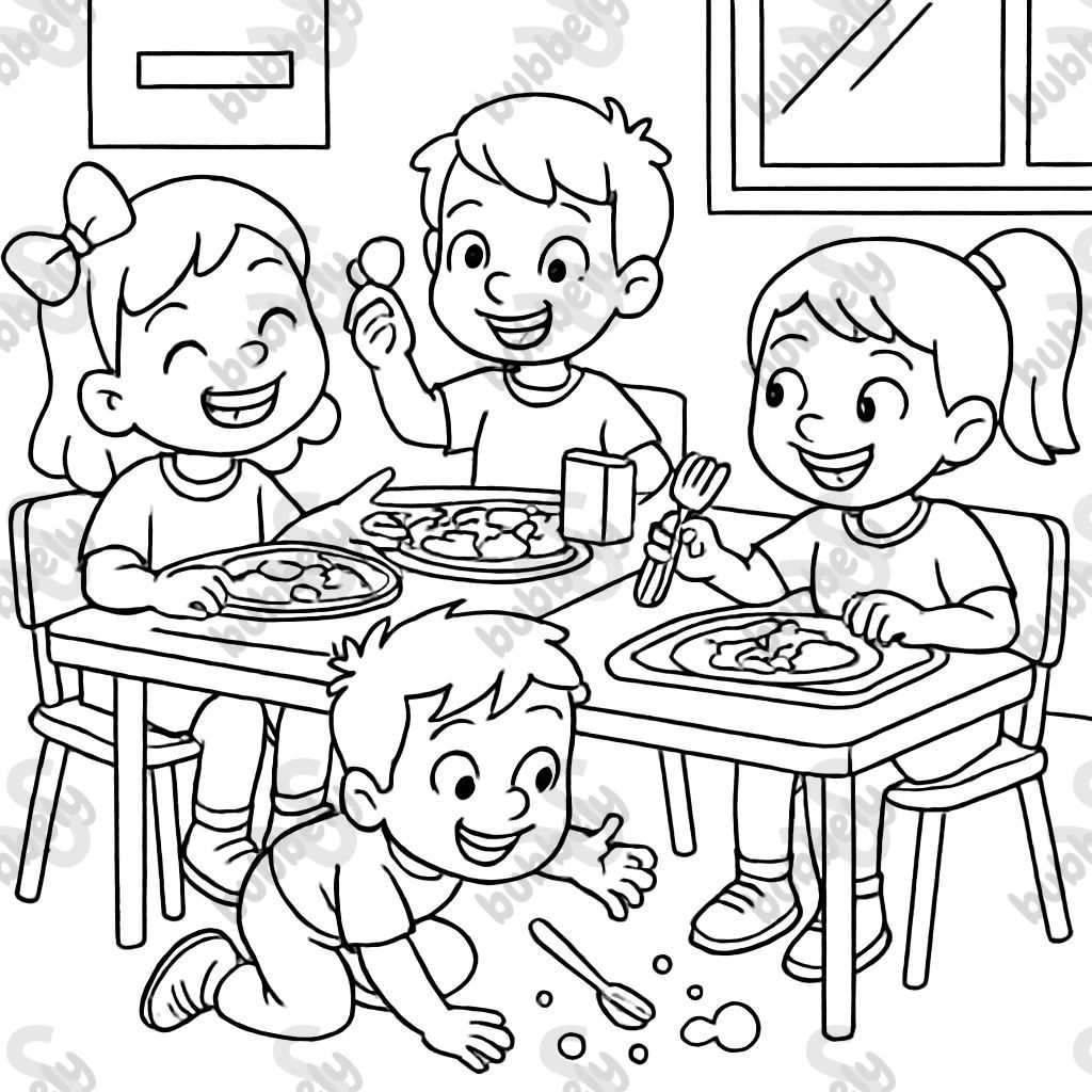 School cafeteria children sitting and throwing food under the table.