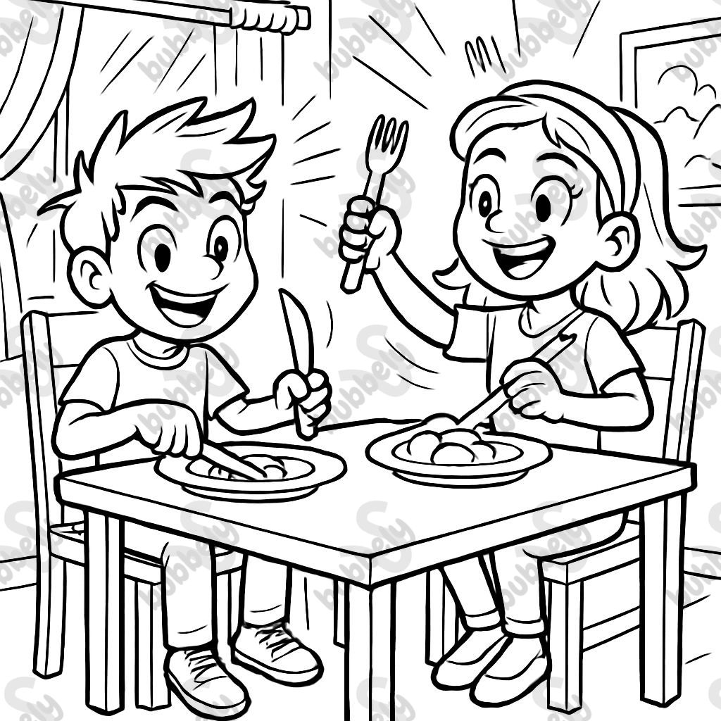 Children in the dining room using cutlery correctly and sitting well at the table.
