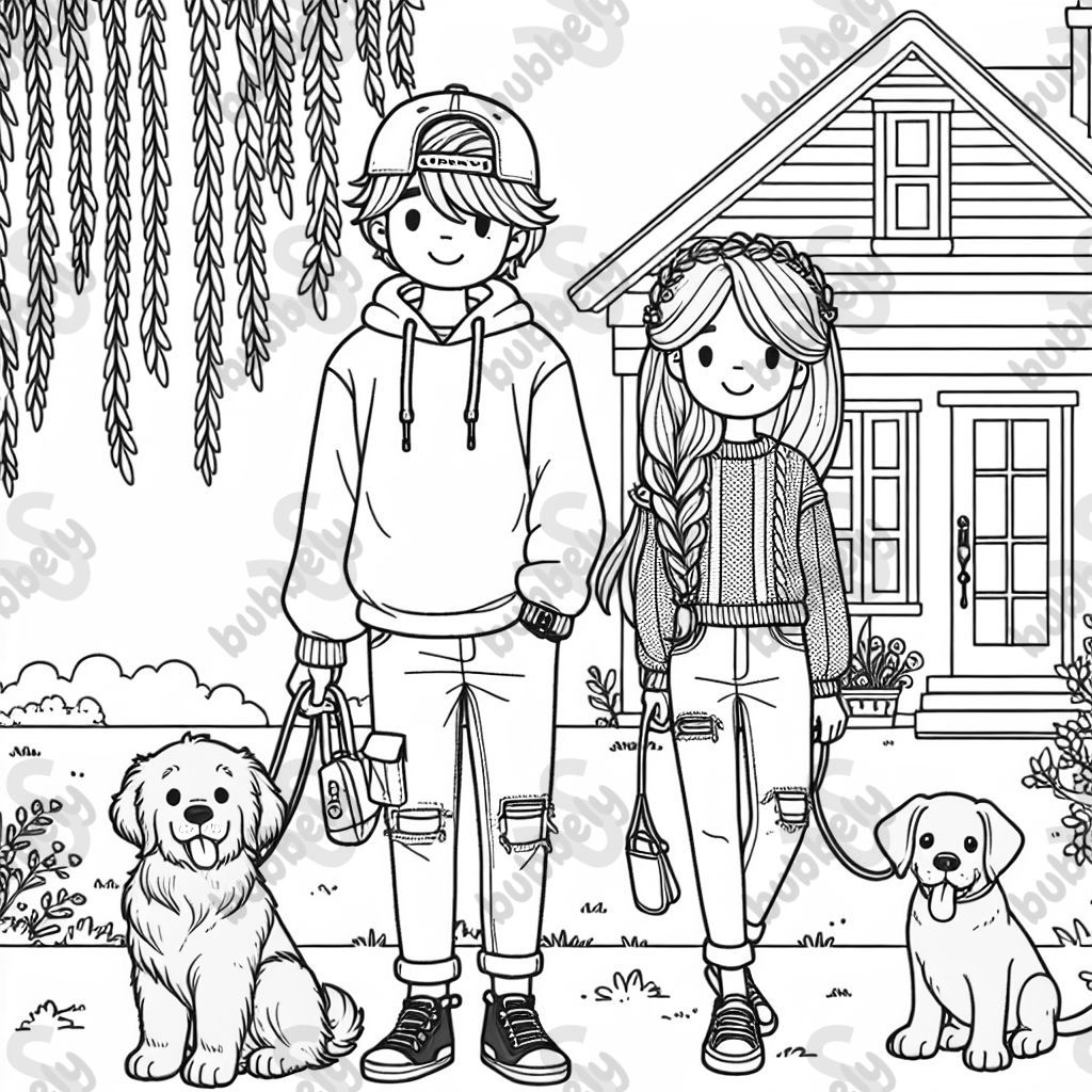 A man with fluffy brown hair with a snapback hat on, wearing a sweatshirt and jeans. A woman with long red brown hair with a braid on the side, wearing a sweater and jeans with sandals on her feet. With a big golden retriever and a puppy cane corso. Standing outside under a weeping willow tree, in front of a house.