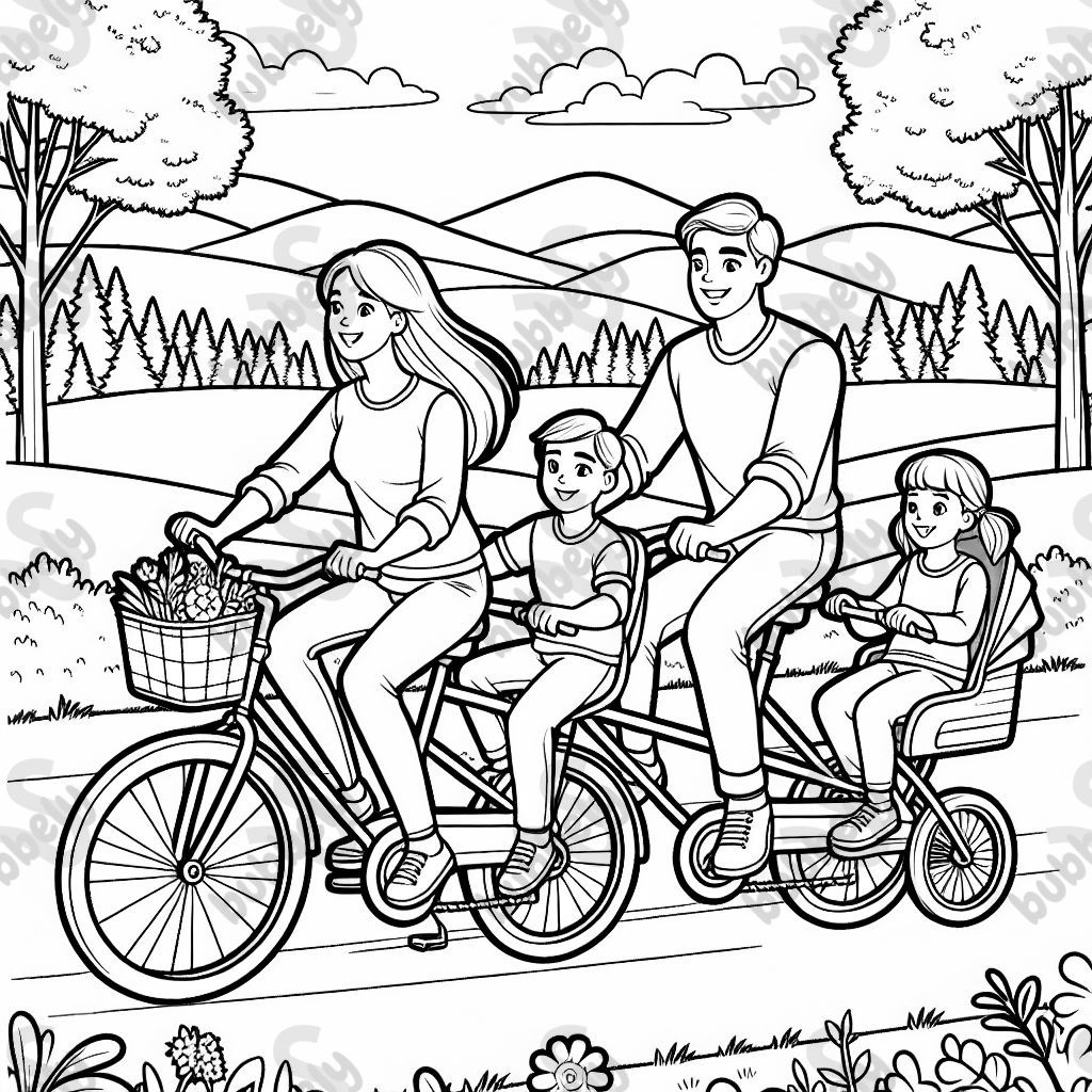 a family with a mom, dad, 5-year-old son, and a small 2-year-old girl riding bikes in nature. The boy rides on the dad's tandem, and the little girl is in the child seat on the back of the mom's bike.
