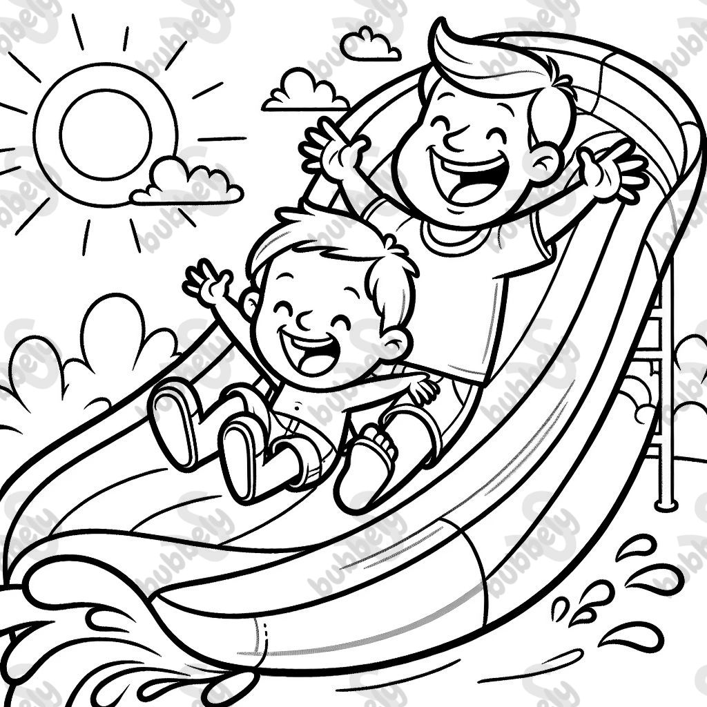 ein kleiner vierjähriger Junge mit kurzen Haaren rutscht mit seinem Vater eine wilde Wasserrutsche herunter ein kleiner vierjähriger Junge mit kurzen Haaren rutscht mit seinem Vater eine wilde Wasserrutsche herunter