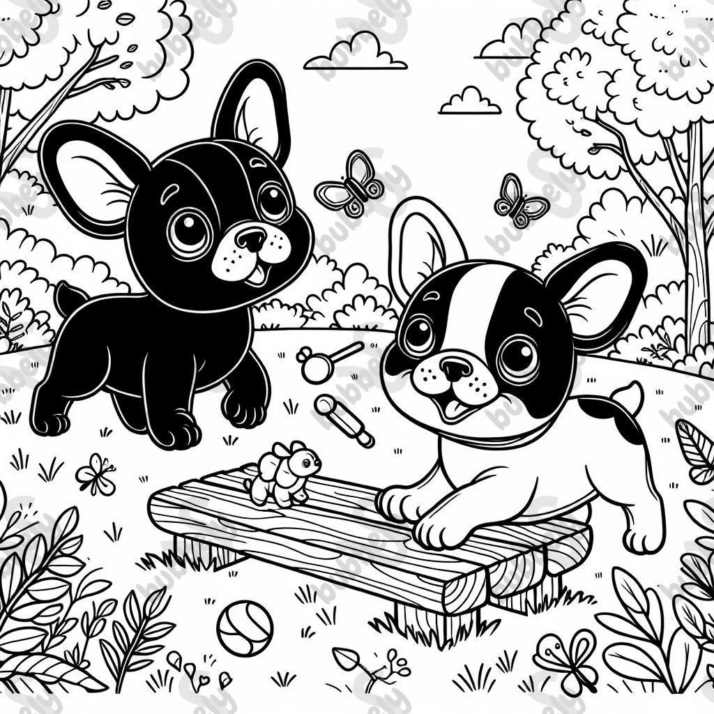 zwei französische Bolldoggen beim spielen, eine davon ist schwarz, eine ist weiß