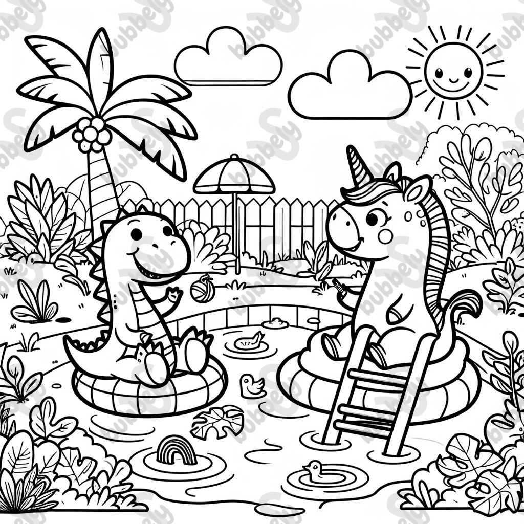 dinosaur and unicorn at a pool