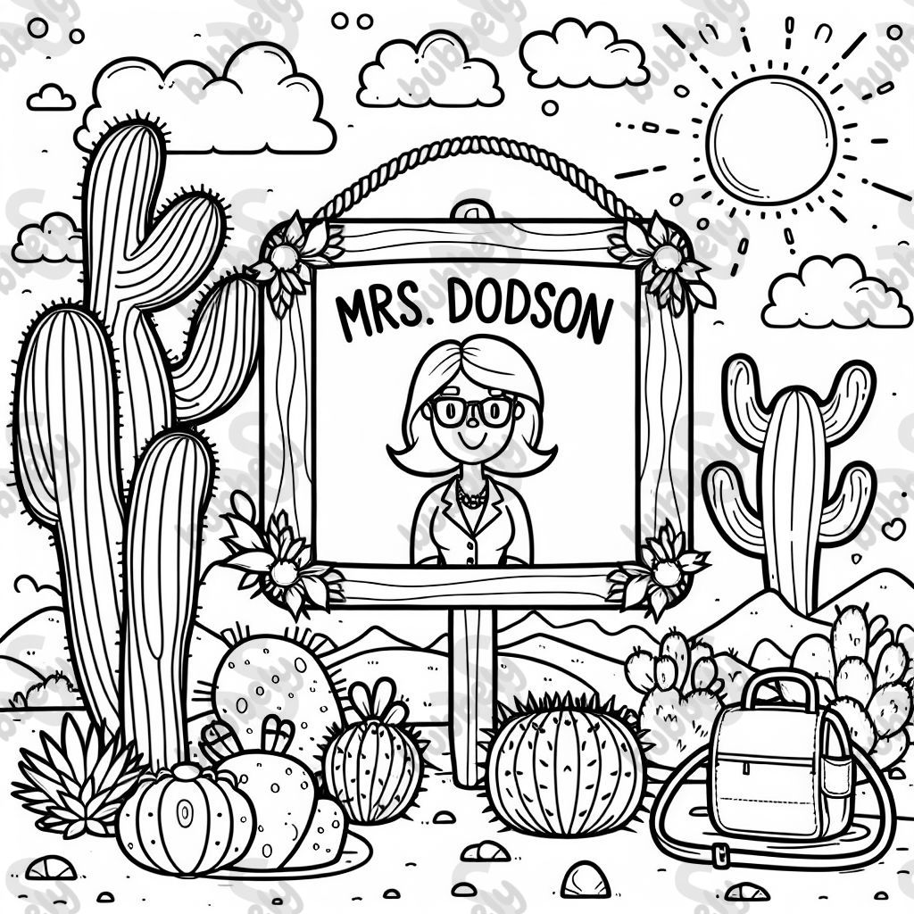 A name plate for 'Mrs. Dodson' adorned with Joshua trees.