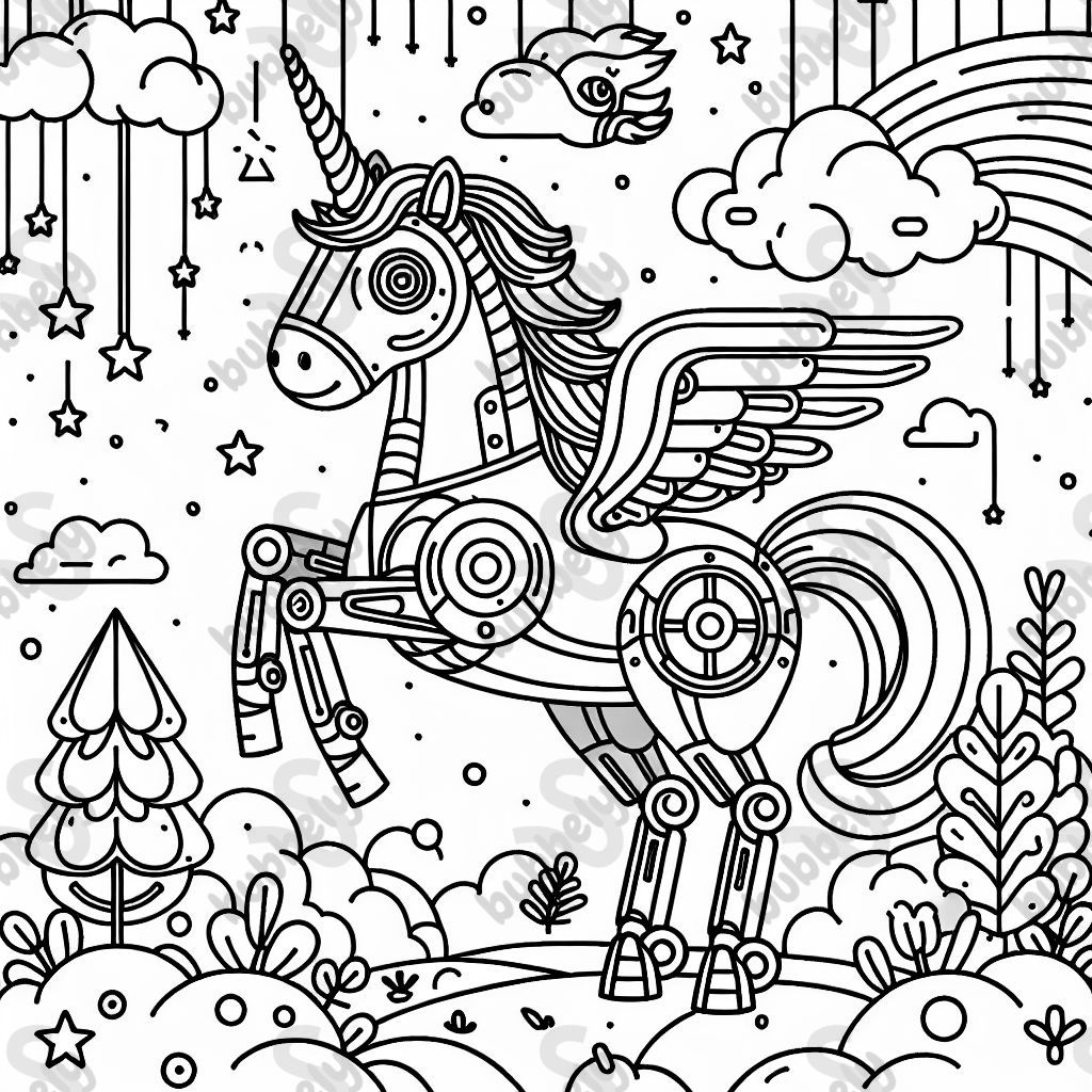 Robot licorne, une créature magique avec des éléments futuristes.