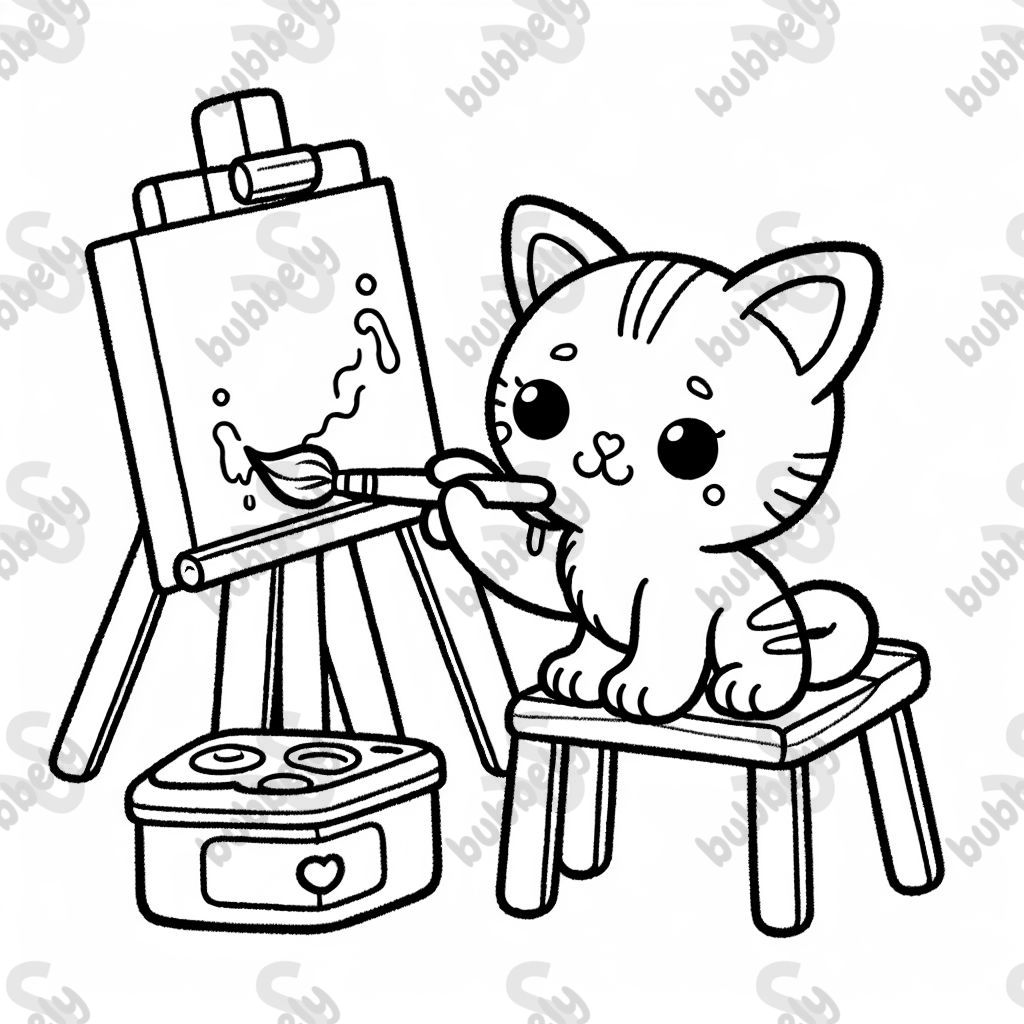 A kitten painting on an easel