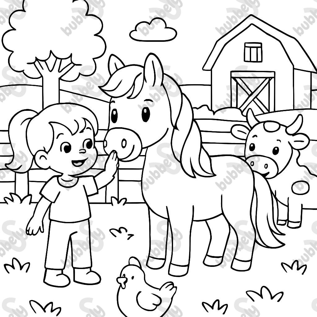 Une petite fille caressant un cheval à la ferme avec d'autres animaux. Une petite fille caressant un cheval à la ferme avec d'autres animaux.