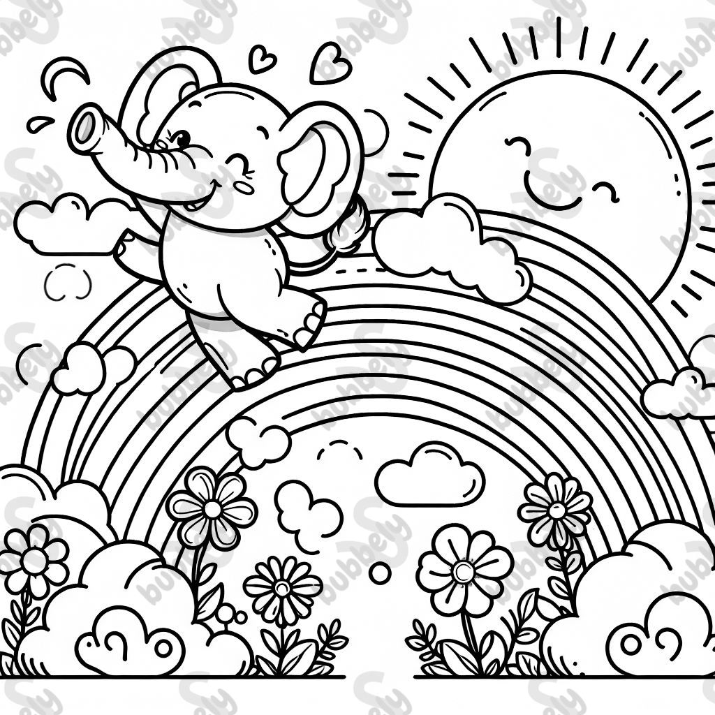 Ein Elefant, der auf einem Regenbogen hüpft, um ihn herum Wolken. einfach