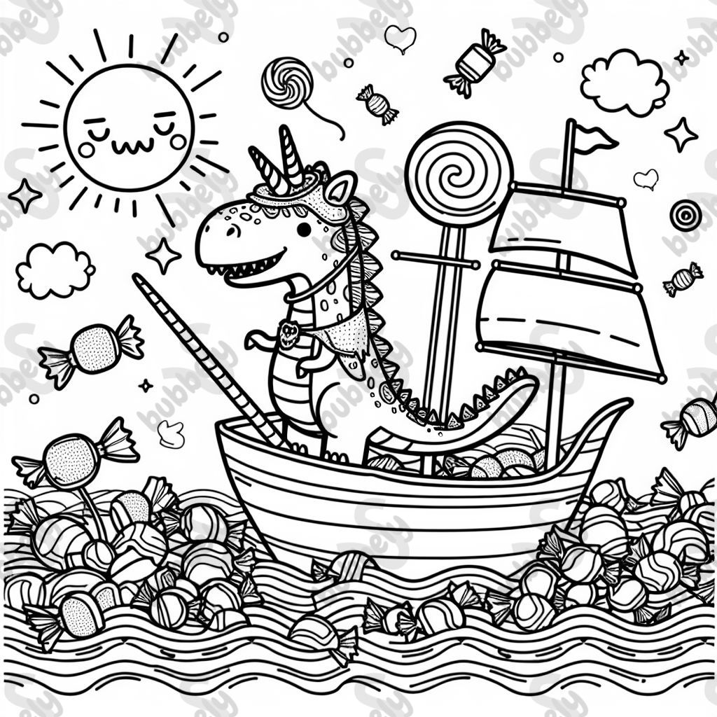 ein dinosaurier im einhornkostüm auf einem piratenschiff das in einem süßigkeitenmeer schwimmt darüber eine sonne die sich übergibt